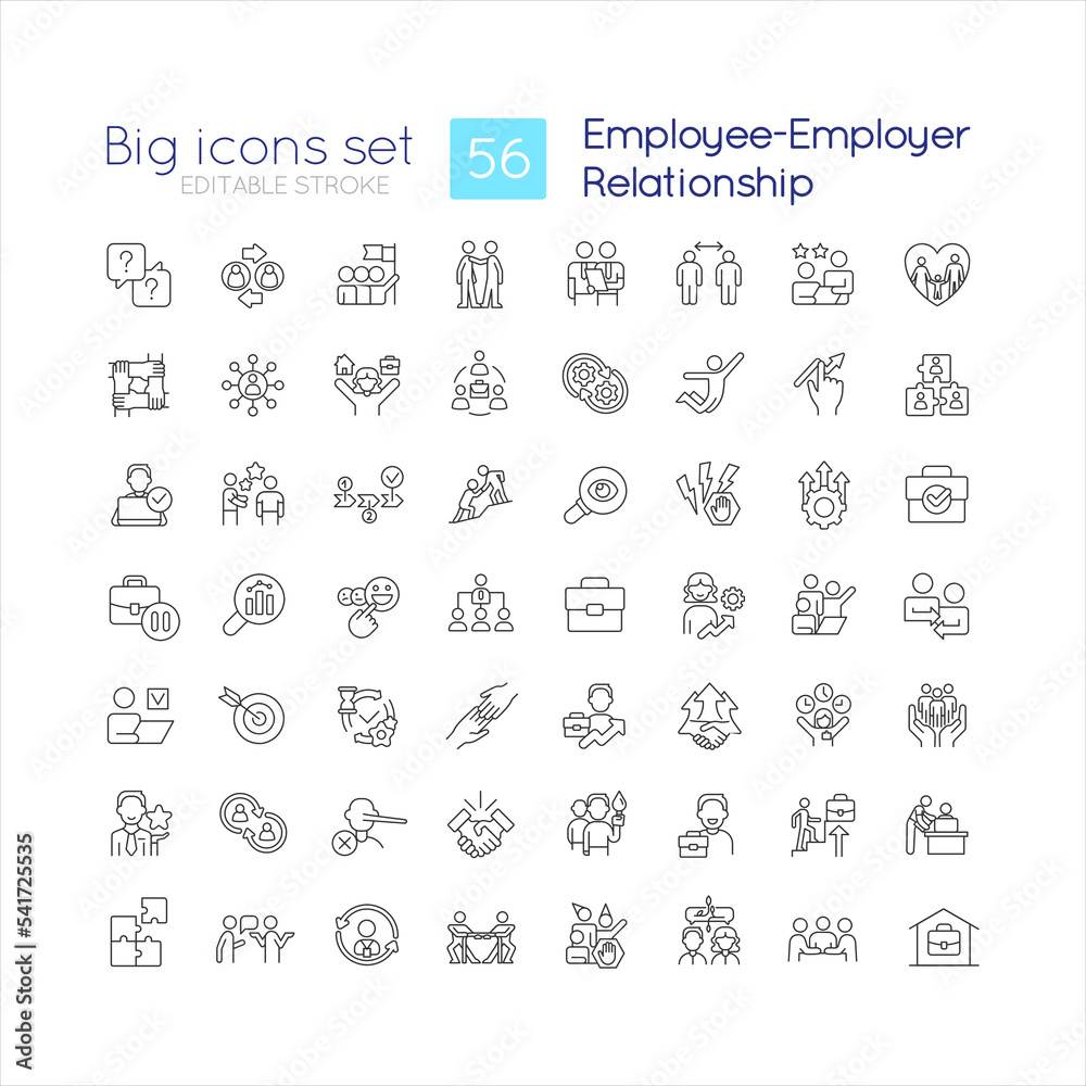 Worker-employer relationship linear icons set. Human resources management. Workplace. Customizable thin line symbols. Isolated vector outline illustrations. Editable stroke. Quicksand-Light font used