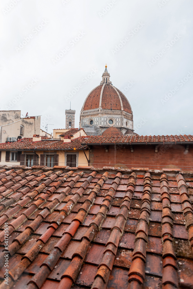 Beautiful vintage italian town with red roofs and vintage cathedral with dome in Florence, Italy