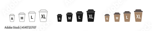 Cup coffee vector icons.  Coffee cups of different sizes: XL, M, L, S.  Isolated icons set on white background.  eps10