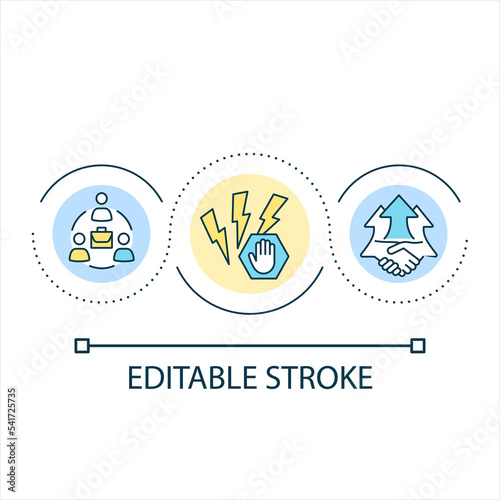 Friendly work environment loop concept icon. Productive teamwork. Regulate conflict at workplace abstract idea thin line illustration. Isolated outline drawing. Editable stroke. Arial font used