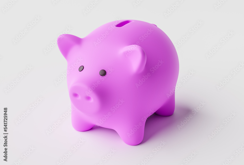 Small pink piggy bank sitting on white surface. 3d rendering