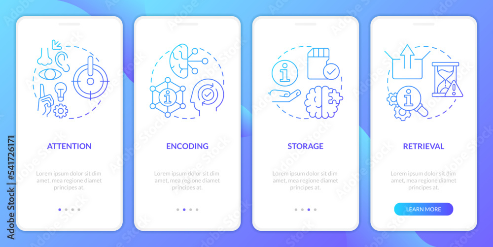 Memorizing information process blue gradient onboarding mobile app screen. Walkthrough 4 steps graphic instructions with linear concepts. UI, UX, GUI template. Myriad Pro-Bold, Regular fonts used