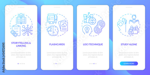 Visual memorization strategies blue gradient onboarding mobile app screen. Walkthrough 4 steps graphic instructions with linear concepts. UI, UX, GUI template. Myriad Pro-Bold, Regular fonts used