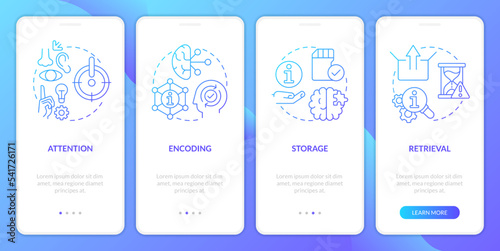 Memorizing information process blue gradient onboarding mobile app screen. Walkthrough 4 steps graphic instructions with linear concepts. UI, UX, GUI template. Myriad Pro-Bold, Regular fonts used