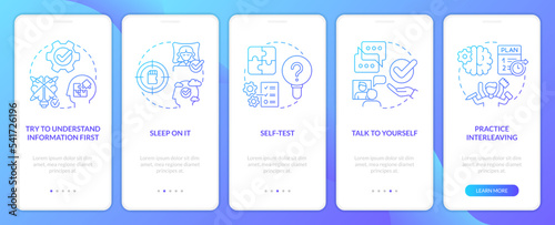 Simple memory tips blue gradient onboarding mobile app screen. Learn things walkthrough 5 steps graphic instructions with linear concepts. UI, UX, GUI template. Myriad Pro-Bold, Regular fonts used