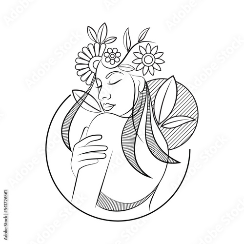 Woman artwork with flower and leaves in minimal black and white style