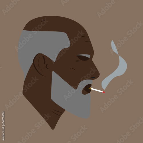 Silhouette. Face. Bearded old black man. Male head with beard. Gray-haired man. Man head silhouette. Flat illustration. Black man smoking a cigarette. 