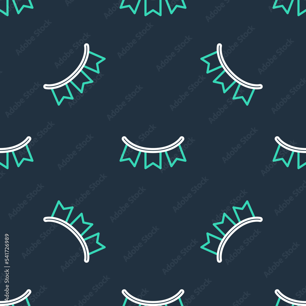 Fototapeta premium Line Carnival garland with flags icon isolated seamless pattern on black background. Party pennants for birthday celebration, festival decoration. Vector