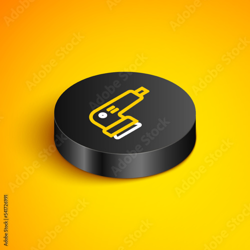 Isometric line Electric sander icon isolated on yellow background. Orbital sander. For floor and wooden planks sanding sandpaper. Black circle button. Vector