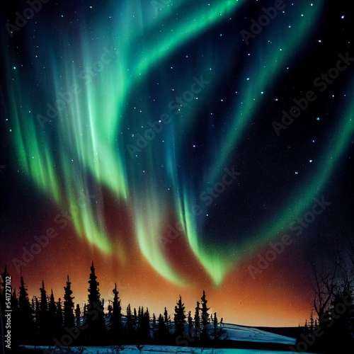 The Northern Lights over the polar forest and mountains.