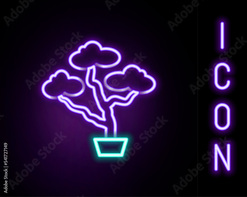 Glowing neon line Japanese bonsai tree icon isolated on black background. Japanese culture, horticulture, olericulture hobby concept. Colorful outline concept. Vector