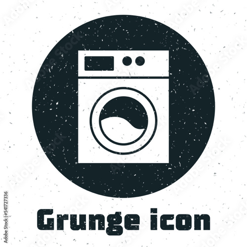 Grunge Washer icon isolated on white background. Washing machine icon. Clothes washer - laundry machine. Home appliance symbol. Monochrome vintage drawing. Vector