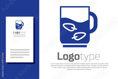 Blue Cup of tea and leaf icon isolated on white background. Logo design template element. Vector