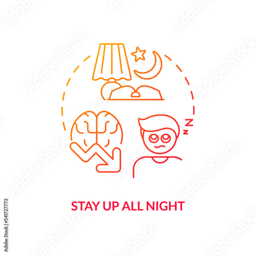 Stay up all night red gradient concept icon. Low productive learning. Trouble sleeping. Unproductive study abstract idea thin line illustration. Isolated outline drawing. Myriad Pro-Bold font used