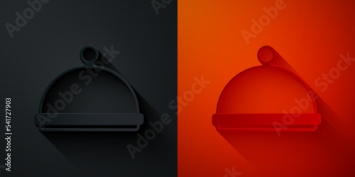 Paper cut Covered with a tray of food icon isolated on black and red background. Tray and lid sign. Restaurant cloche with lid. Kitchenware symbol. Paper art style. Vector