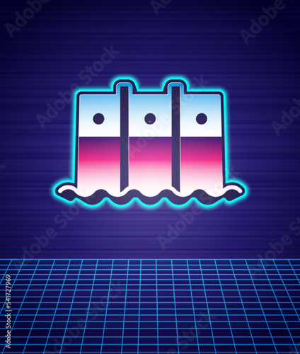 Retro style Hydroelectric dam icon isolated futuristic landscape background. Water energy plant. Hydropower. Hydroelectricity. 80s fashion party. Vector