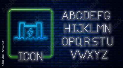Glowing neon Hydroelectric dam icon isolated on brick wall background. Water energy plant. Hydropower. Hydroelectricity. Neon light alphabet. Vector