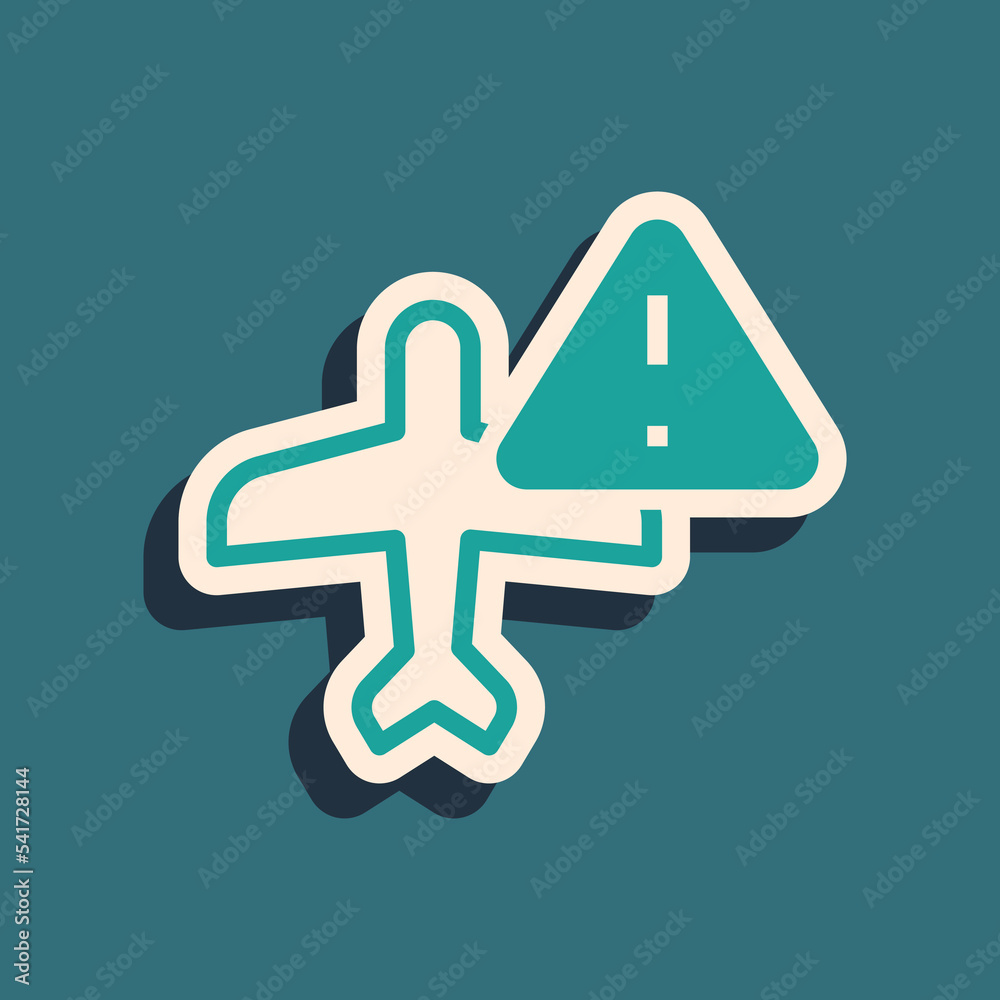 Obraz premium Green Warning aircraft icon isolated on green background. Faulty plane. Flying prohibition zone. Plane is forbidden for transportation and travelling. Long shadow style. Vector