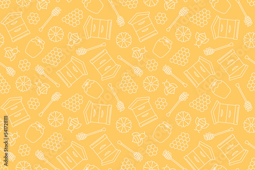 honey seamless pattern: beehive, honeycombs, dripper, jar, bee and flower- vector illustration