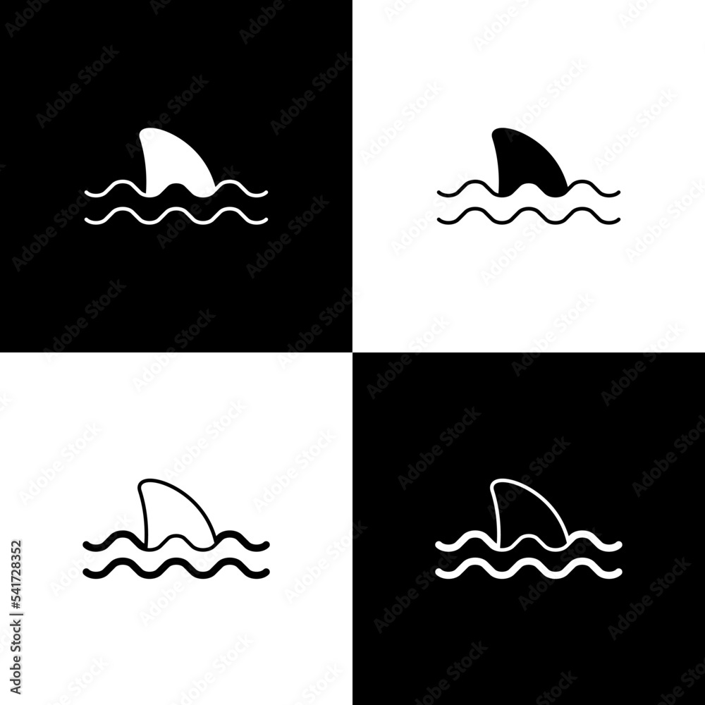 Set Shark fin in ocean wave icon isolated on black and white background ...