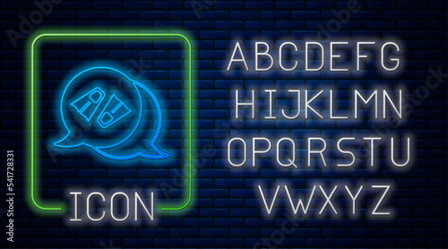 Glowing neon Rubber flippers for swimming icon isolated on brick wall background. Diving equipment. Extreme sport. Diving underwater equipment. Neon light alphabet. Vector