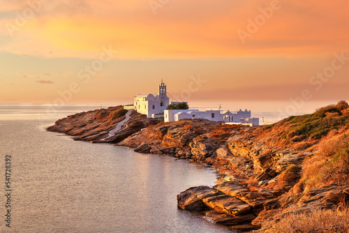 Bild auf Leinwand The monastery of Chrissopigi of Sifnos at sunrise, Greece