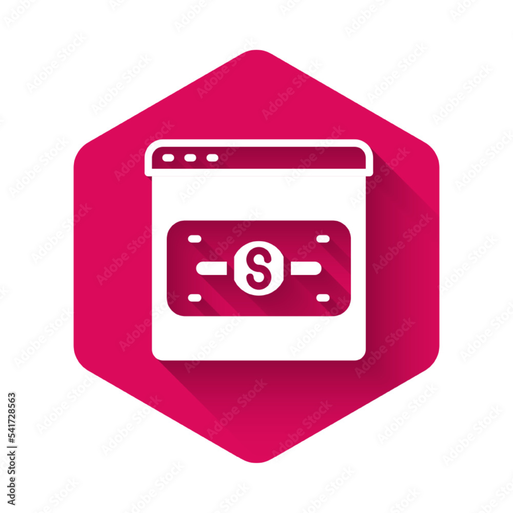 White Online shopping on screen icon isolated with long shadow background. Concept e-commerce, e-business, online business marketing. Pink hexagon button. Vector White Online shopping on screen icon isolated with long shadow background. Concept e-commerce, e-business, online business marketing. Pink hexagon button. Vector