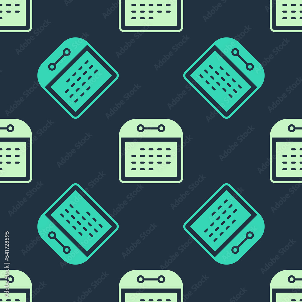 Green and beige Calendar icon isolated seamless pattern on blue background. Event reminder symbol. Vector Green and beige Calendar icon isolated seamless pattern on blue background. Event reminder symbol. Vector