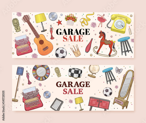Set of garage sale concept illustration. Garage promotional sale horizontal banner with hand drawn furniture and vintage accessories