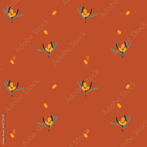 Sea buckthorns orange berries. Botanical seamless pattern.