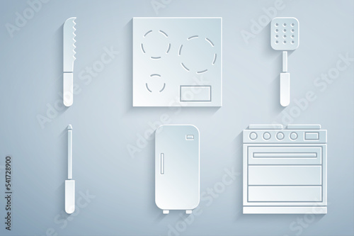 Set Refrigerator, Spatula, Knife sharpener, Oven, Electric stove and Bread knife icon. Vector