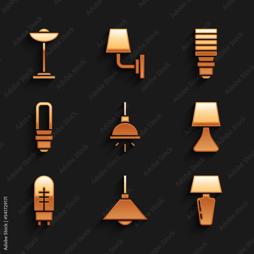 Set Chandelier, Lamp hanging, Table lamp, Light emitting diode, LED light bulb, and Floor icon. Vector Set Chandelier, Lamp hanging, Table lamp, Light emitting diode, LED light bulb, and Floor icon. Vector