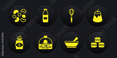 Set Jar of sugar, Pudding custard, Brick stove, Mortar and pestle, Kitchen whisk, Bottle with milk, Macaron cookie and Jelly candy icon. Vector