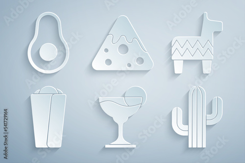 Set Margarita cocktail, Pinata, Burrito, Cactus, Nachos and Avocado fruit icon. Vector