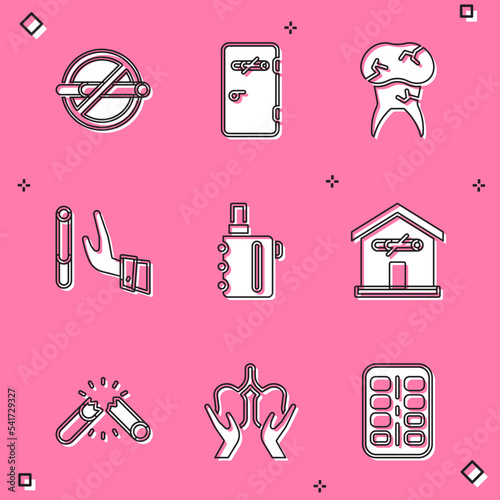 Set No smoking, area, Tooth with caries, Giving up cigarette, Electronic, at home, Broken and Lungs icon. Vector