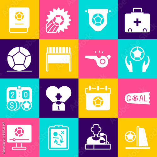 Set Football goal with ball, Goal soccer football, Soccer, flag pennant, learning book and Whistle icon. Vector