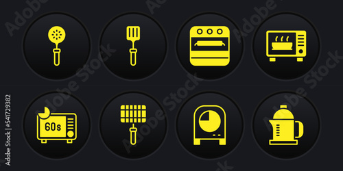 Set Microwave oven, Barbecue steel grid, Kitchen timer, Oven, spatula, French press and Spatula icon. Vector