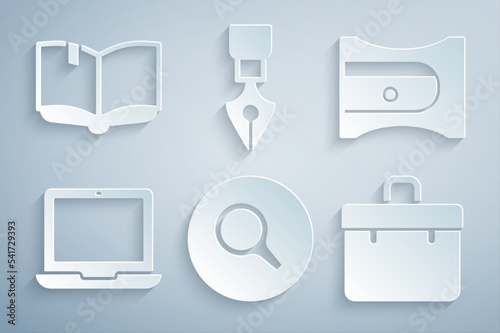 Set Magnifying glass, Pencil sharpener, Laptop, Briefcase, Fountain nib and Open book icon. Vector