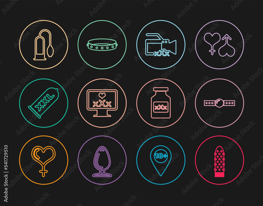 Set line Dildo vibrator, Silicone ball gag, Video camera with Sex, Monitor 18 plus content, Condom safe sex, Penis pump, Bottle pills for potency and Leather fetish collar icon. Vector