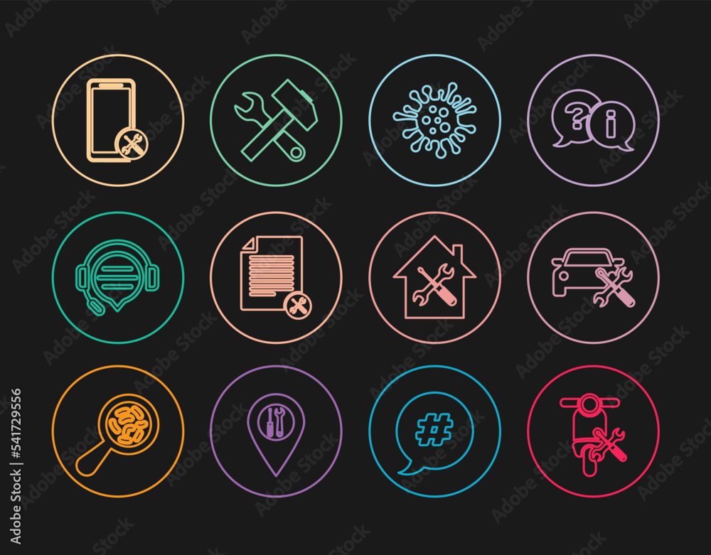 Set line Scooter service, Car, Bacteria, File document, Headphones with speech bubble chat, Mobile, House and Crossed hammer and wrench icon. Vector