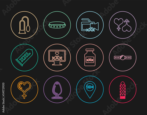 Set line Dildo vibrator, Silicone ball gag, Video camera with Sex, Monitor 18 plus content, Condom safe sex, Penis pump, Bottle pills for potency and Leather fetish collar icon. Vector