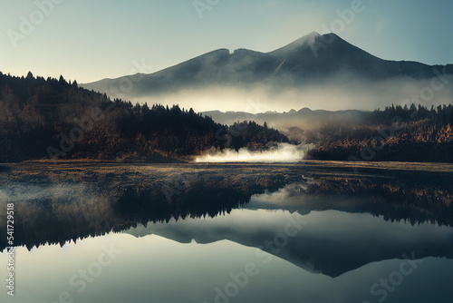 Sunrise Over a Lake at sunrise with a Mirror Reflection of a Mountain