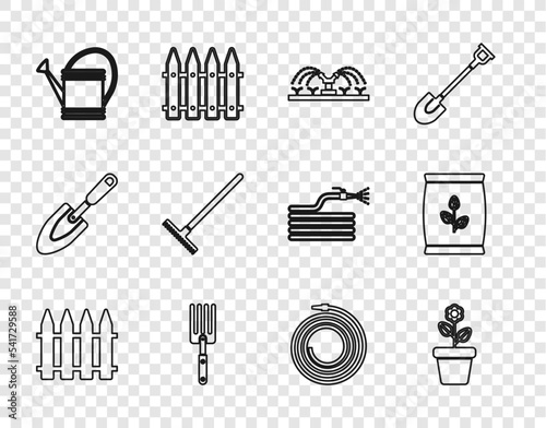 Set line Garden fence, Flower in pot, Automatic irrigation sprinklers, fork, Watering can, rake, hose fire hose and Fertilizer bag icon. Vector