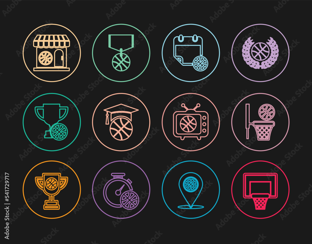 Set line Basketball backboard, and basket, on sport calendar, training, Award cup with basketball, Sports shop, match tv and medal icon. Vector Set line Basketball backboard, and basket, on sport calendar, training, Award cup with basketball, Sports shop, match tv and medal icon. Vector