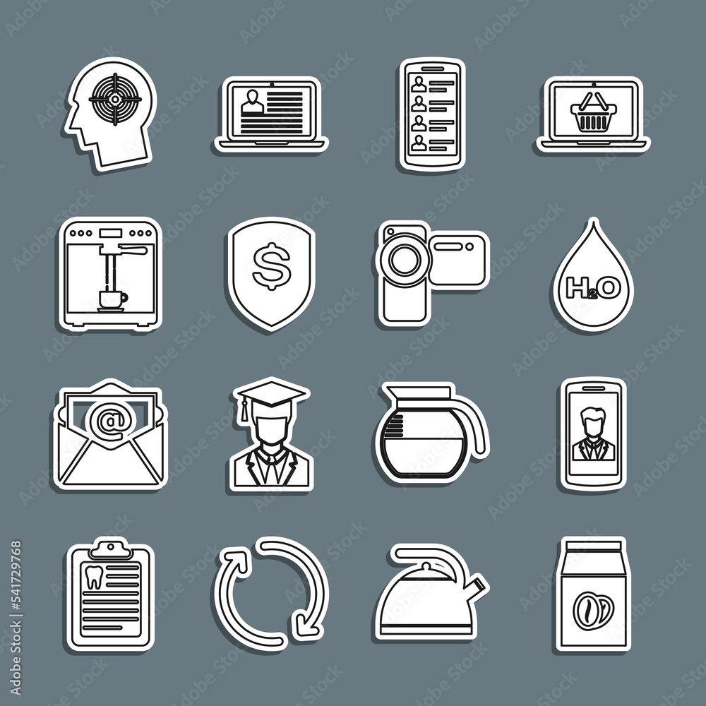 Set line Coffee beans in bag, Smartphone with contact, Water drop H2O, contacts, Shield and dollar, machine cup, Head hunting concept and Cinema camera icon. Vector Set line Coffee beans in bag, Smartphone with contact, Water drop H2O, contacts, Shield and dollar, machine cup, Head hunting concept and Cinema camera icon. Vector