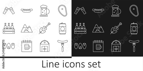 Set line Sausage on the fork, Beer can, Wooden beer mug, Mountains, Pack of bottles, Glass, Violin and Hotdog sandwich icon. Vector
