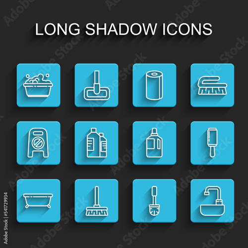 Set line Bathtub, Handle broom, Plastic basin with soap suds, Toilet brush, Washbasin water tap, Bottles for cleaning agent, Adhesive roller and Fabric softener icon. Vector