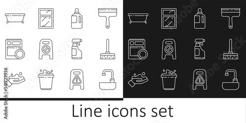Set line Washbasin with water tap, Fabric softener, Wet floor cleaning progress, Kitchen dishwasher machine, Bathtub, Spray bottle detergent liquid and Cleaning service for windows icon. Vector