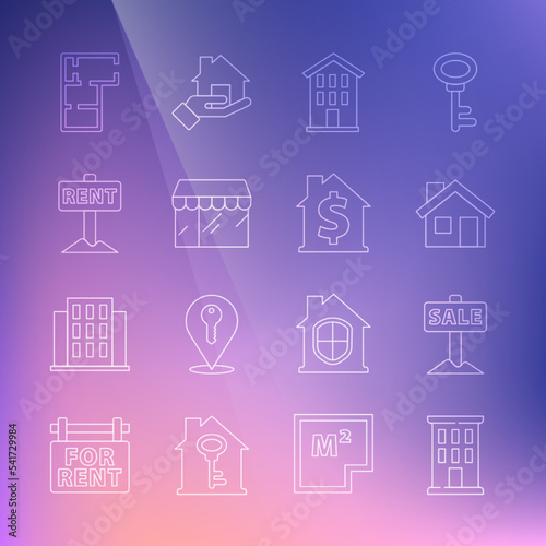Set line House, Hanging sign with Sale, Market store, Rent, plan and dollar symbol icon. Vector