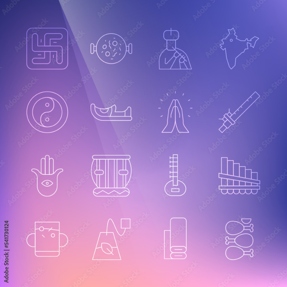 Set line Tandoori chicken, Pan flute, Bamboo indian, Indian man plays, shoes, Yin Yang, Hindu swastika and Hands praying position icon. Vector Set line Tandoori chicken, Pan flute, Bamboo indian, Indian man plays, shoes, Yin Yang, Hindu swastika and Hands praying position icon. Vector